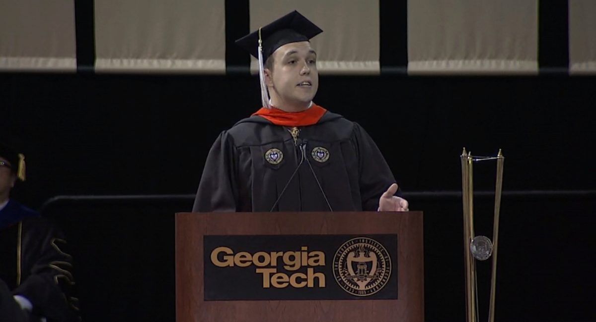 John Ingersoll (MSAE '19) addresses his fellow Master's students as the Reflection Speaker during the 2019 December commencement ceremony. 