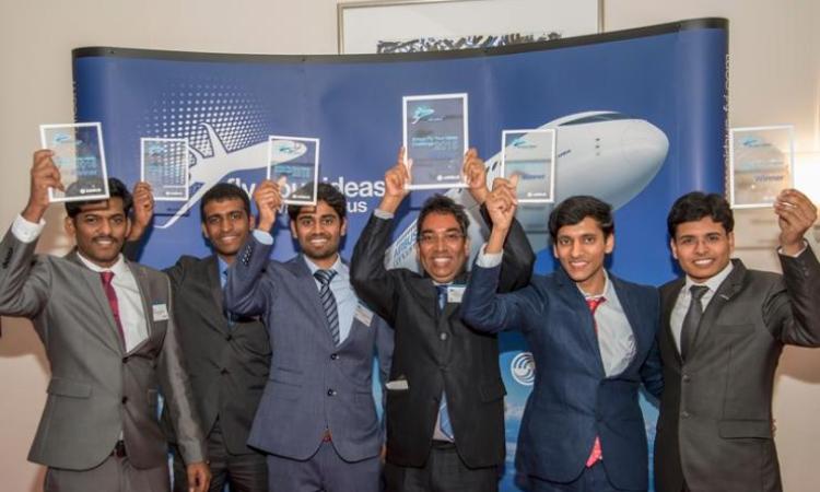 <p><strong>Team Multifun</strong><em> was the top contender in the Airbus "Fly Your Ideas" competition, which wrapped up on May 27 in Hamburg, Germany. Joining GT-AE graduate student Mohit Gupta (last person on the right) were his teammates Sathiskumar Anusuya Ponnusami, Shashank Agrawal, Dhamotharan Veerasamy, and Ajith Moses</em></p>
