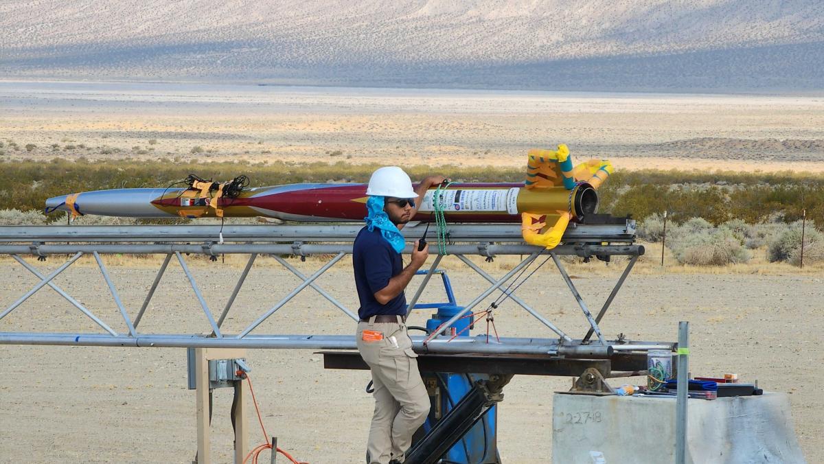 The ramblin rocket club at Georgia Tech prepares to launch two-stage rockets in the California desert. 