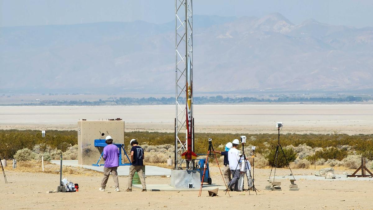 The ramblin rocket club at Georgia Tech prepares to launch two-stage rockets in the California desert. 