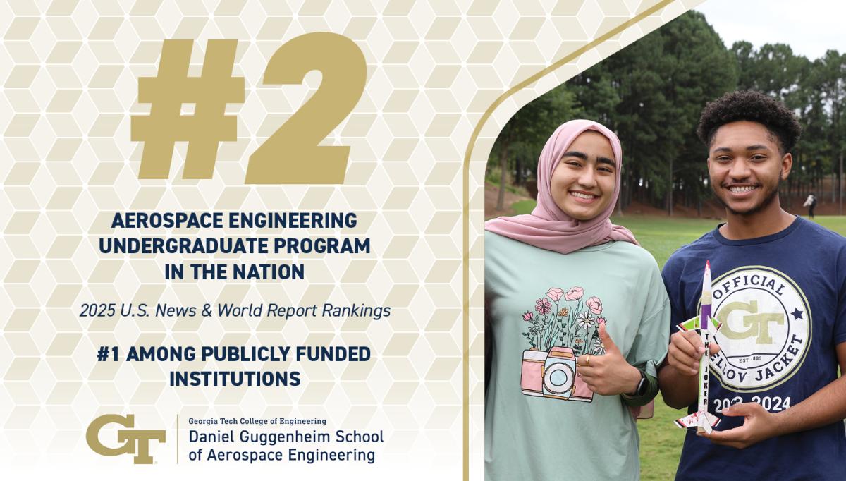 Graphic showing the AE School's undergraduate ranking of No. 2 according to USNWR along with a photo of two AE students from AE 1601: Introduction to Aerospace holding a rocket. 