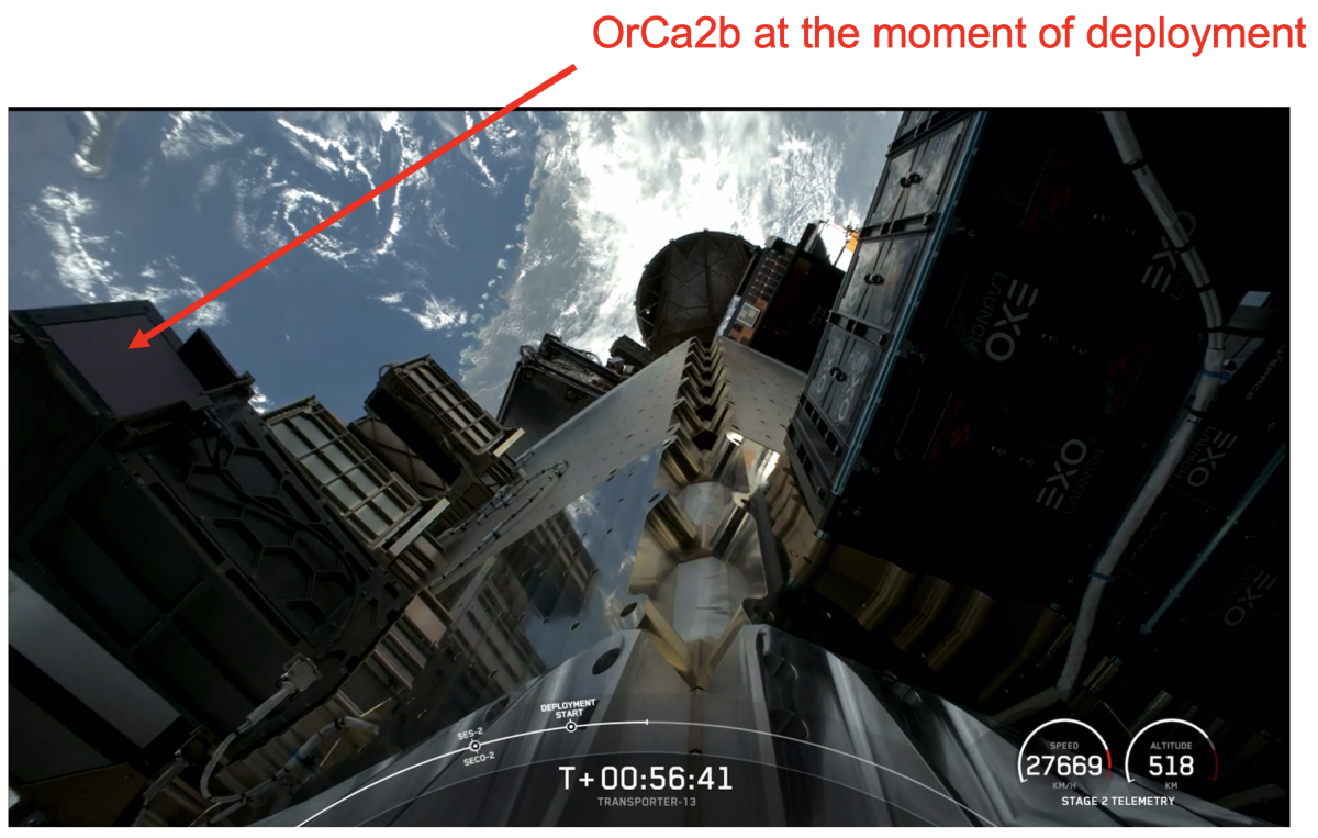 Photo of the deployment of OrCa2b from the Spacex Falcon 9 rocket while in low earth orbit.