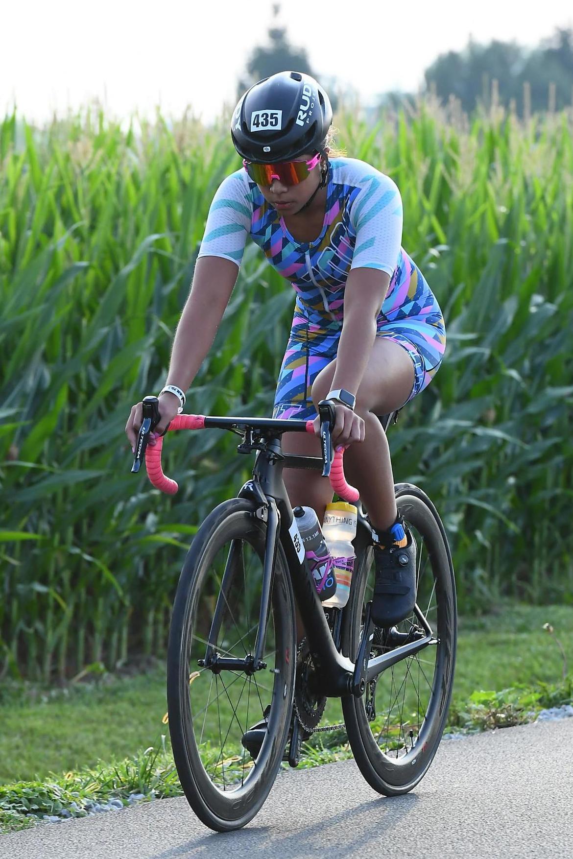 Elise Regalado during the cycling portion of her triathlon. 