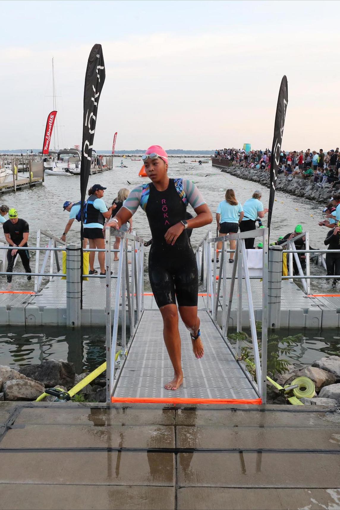 Elise Regalado completing the swim portion of her triathlon. 